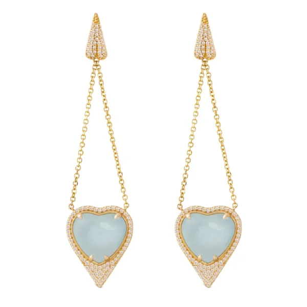 Heart Shaped Aquamarine 14K Gold Long Earrings surrounded by  Diamonds