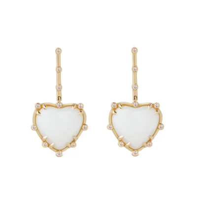 Heart Shaped White Agate 14K Gold hanging Earrings with Diamonds