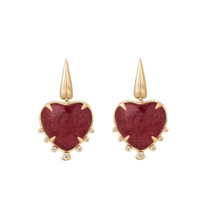 Heart Shaped Strawberry 14K Gold   Earrings with 7 Diamonds