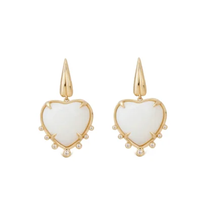 Heart Shaped White Agate 14K Gold  Earrings with 7 Diamonds