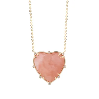 Big Heart Shaped Morganite 14K Gold Necklace with 8 Diamonds