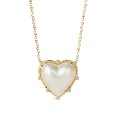 Big Heart Shaped Fresh Water Pearl 14K Gold Necklace with 8 Diamonds