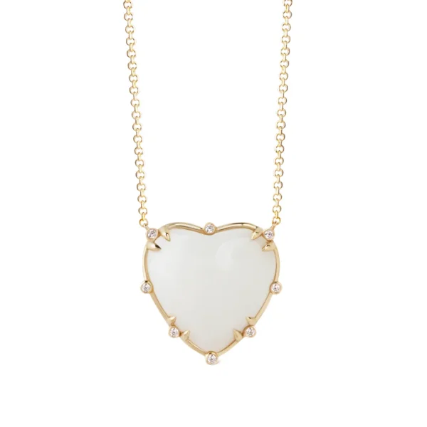 Big Heart Shaped White Agate 14K Gold Necklace with 8 Diamonds