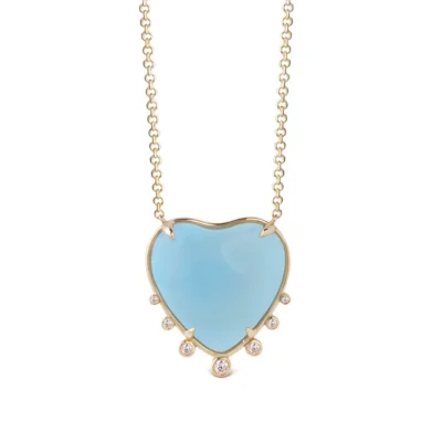 Big Heart Shaped Aquamarine 14K Gold Necklace with 7 Diamonds