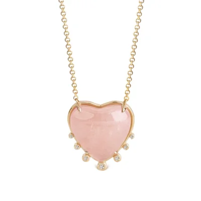 Big Heart Shaped Morganite 14K Gold Necklace with 7 Diamonds