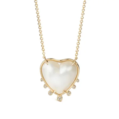 Big Heart Shaped Fresh Water Pearl 14K Gold Necklace with 7 Diamonds