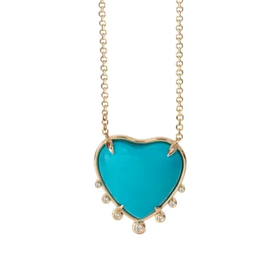 Big Heart Shaped Turquoise 14K Gold Necklace with 7 Diamonds