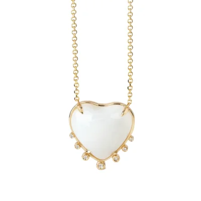 Big Heart Shaped White Agate 14K Gold Necklace with 7 Diamonds