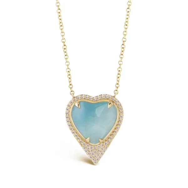 Diamond surrounded Heart Shaped Aquamarine 14K Gold Necklace
