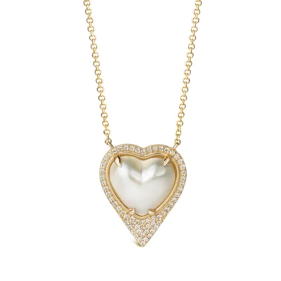 Diamond surrounded Heart Shaped Fresh Water Pearl 14K Gold Necklace