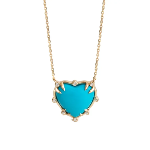 Small Heart Shaped Turquoise 14K Gold Necklace with 8 Diamonds