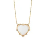 Small Heart Shaped White Agate 14K Gold Necklace with 8 Diamonds