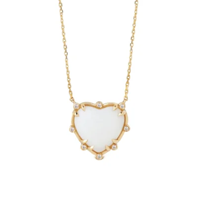 Small Heart Shaped White Agate 14K Gold Necklace with 8 Diamonds