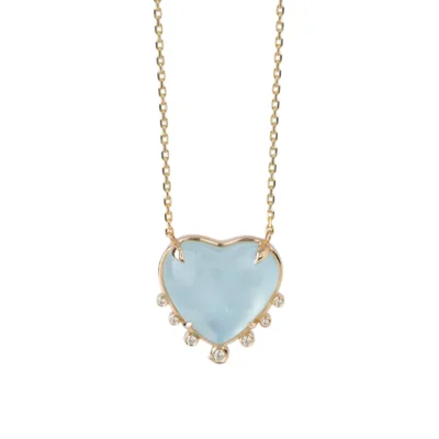 Small Heart Shaped Aquamarine 14K Gold Necklace with 7 Diamonds