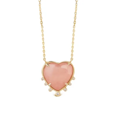 Small Heart Shaped Morganite 14K Gold Necklace with 7 Diamonds