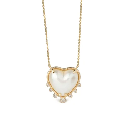 Small Heart Shaped Fresh Water Pearl 14K Gold Necklace with 7 Diamonds