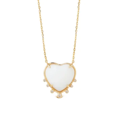 Small Heart Shaped White Agate 14K Gold Necklace with 7 Diamonds