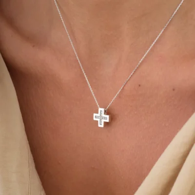 Tiny Squared Diamond Gold Cross Pendant
