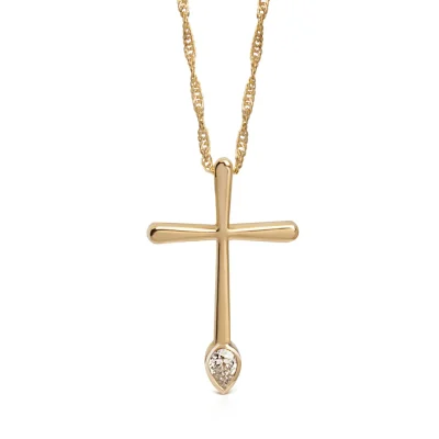 Thin and Tall with Curved Edges Gold Cross with Pear shape Diamond